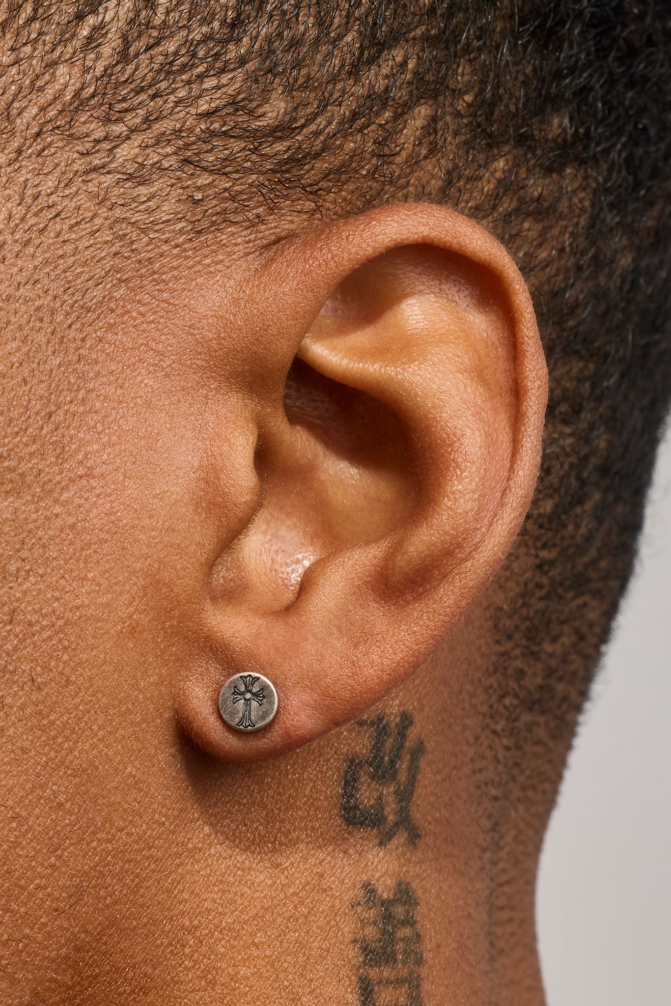Black Enamel Cross Round Oxidised Stud Earrings - 6mm - White